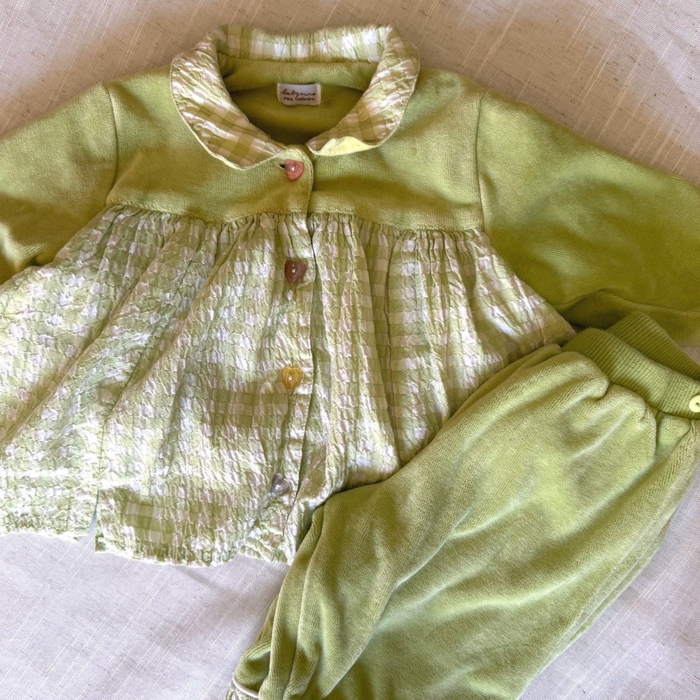 Catimini Mini Par Baby Green Velour Gingham‎ Cardigan Pants Set 6M French